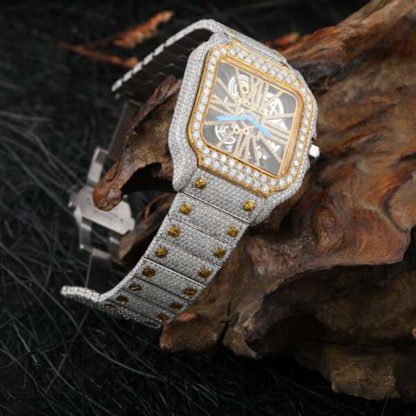 Cartier Santos Skeleton Moissanite Diamond Full Iced Out Men Watch, Stainless Steel White & Yellow Gold Plated Men Watch For Birthday Gift