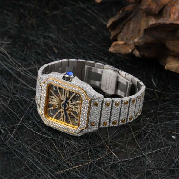 Cartier Santos Skeleton Moissanite Diamond Full Iced Out Men Watch, Stainless Steel White & Yellow Gold Plated Men Watch For Birthday Gift
