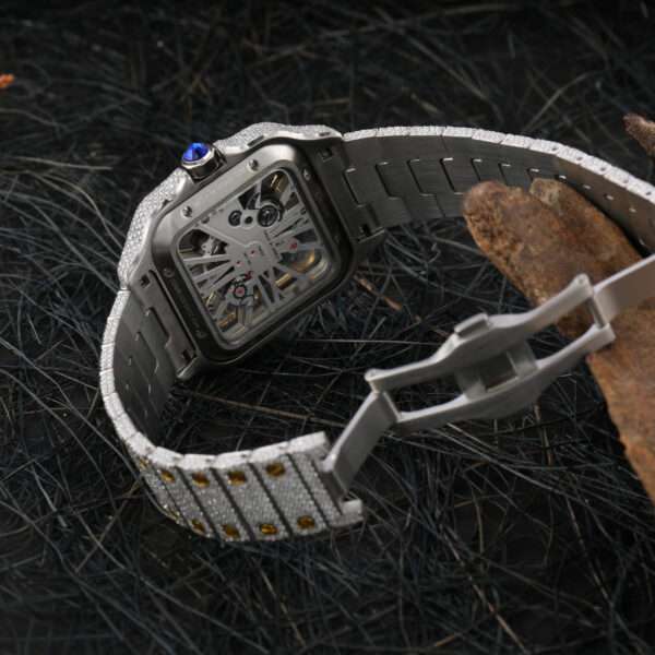Cartier Santos Skeleton Moissanite Diamond Full Iced Out Men Watch, Stainless Steel White & Yellow Gold Plated Men Watch For Birthday Gift