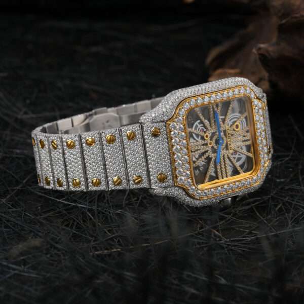 Cartier Santos Skeleton Moissanite Diamond Full Iced Out Men Watch, Stainless Steel White & Yellow Gold Plated Men Watch For Birthday Gift