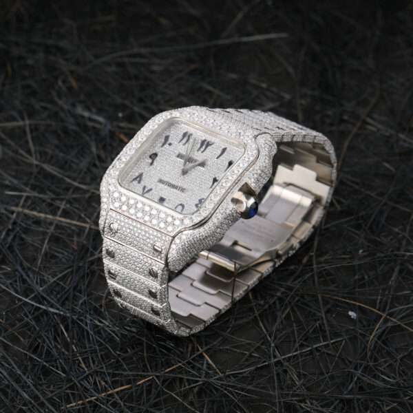 Cartier Santos Moissanite Diamond Men Watch, Stainless Steel White Gold Plated Men Watch For Birthday Gift