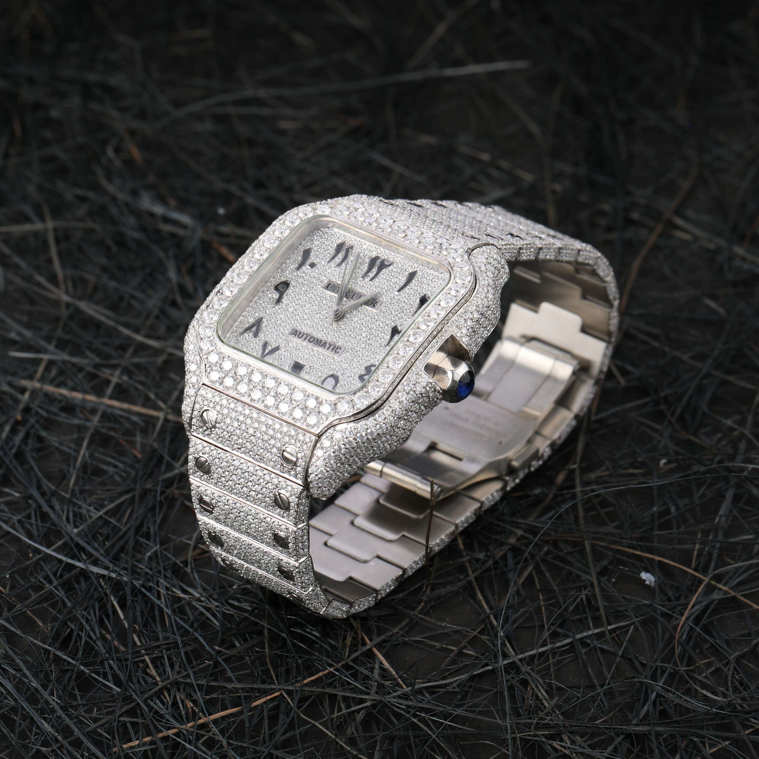 Cartier Santos Moissanite Diamond Men Watch, Stainless Steel White Gold Plated Men Watch For Birthday Gift