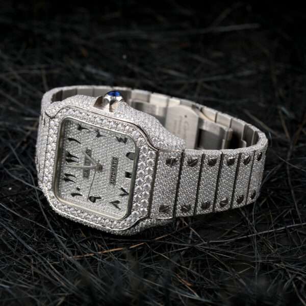 Cartier Santos Moissanite Diamond Men Watch, Stainless Steel White Gold Plated Men Watch For Birthday Gift
