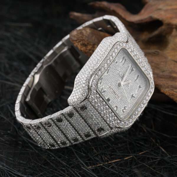 Cartier Santos Moissanite Diamond Men Watch, Stainless Steel White Gold Plated Men Watch For Birthday Gift