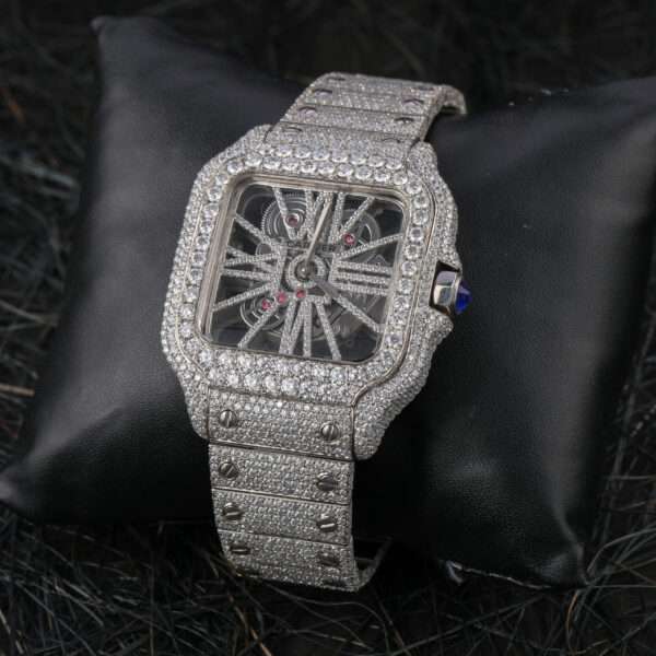 Cartier Skeleton Moissanite Diamond Men Watch, Stainless Steel White Gold Plated Men Watch For Beautyfull Person