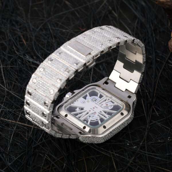 Cartier Skeleton Moissanite Diamond Men Watch, Stainless Steel White Gold Plated Men Watch For Beautyfull Person