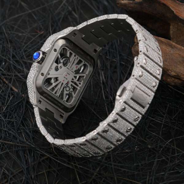 Cartier Santos Skeleton Moissanite Diamond Full Iced Out Men Watch, Stainless Steel White & Yellow Gold Plated Men Watch For Birthday Gift