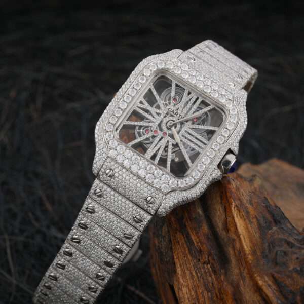 Cartier Skeleton Moissanite Diamond Men Watch, Stainless Steel White Gold Plated Men Watch For Beautyfull Person