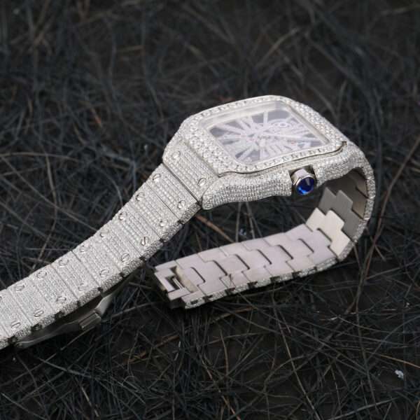 Cartier Skeleton Moissanite Diamond Men Watch, Stainless Steel White Gold Plated Men Watch For Beautyfull Person