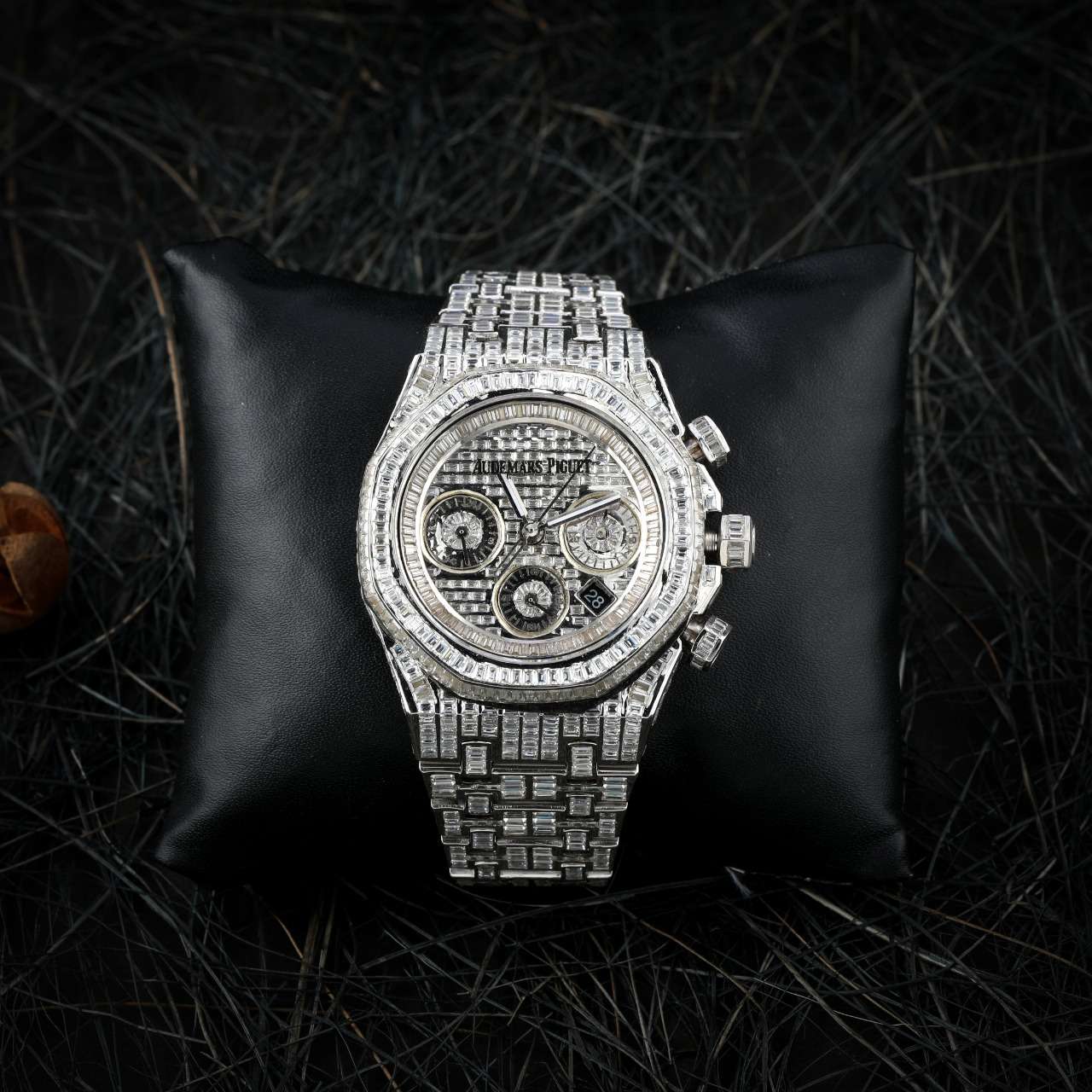 AP1 Audemars Piguet Full Iced Out Moissanite Baguette Diamond Men Watch, Stainless Steel All Chronology Working White Gold Plated 42mm Men Watch