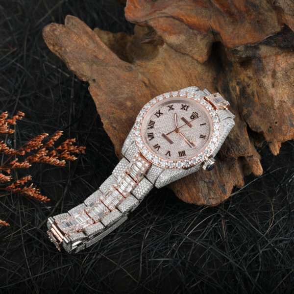 Rolex Datejust Full Iced Out Moissanite Diamond Watch, Baguette And Round VVS Moissanite Diamond Wrist Watch For Men, White & Ross Gold Plated Men Diamond Watch