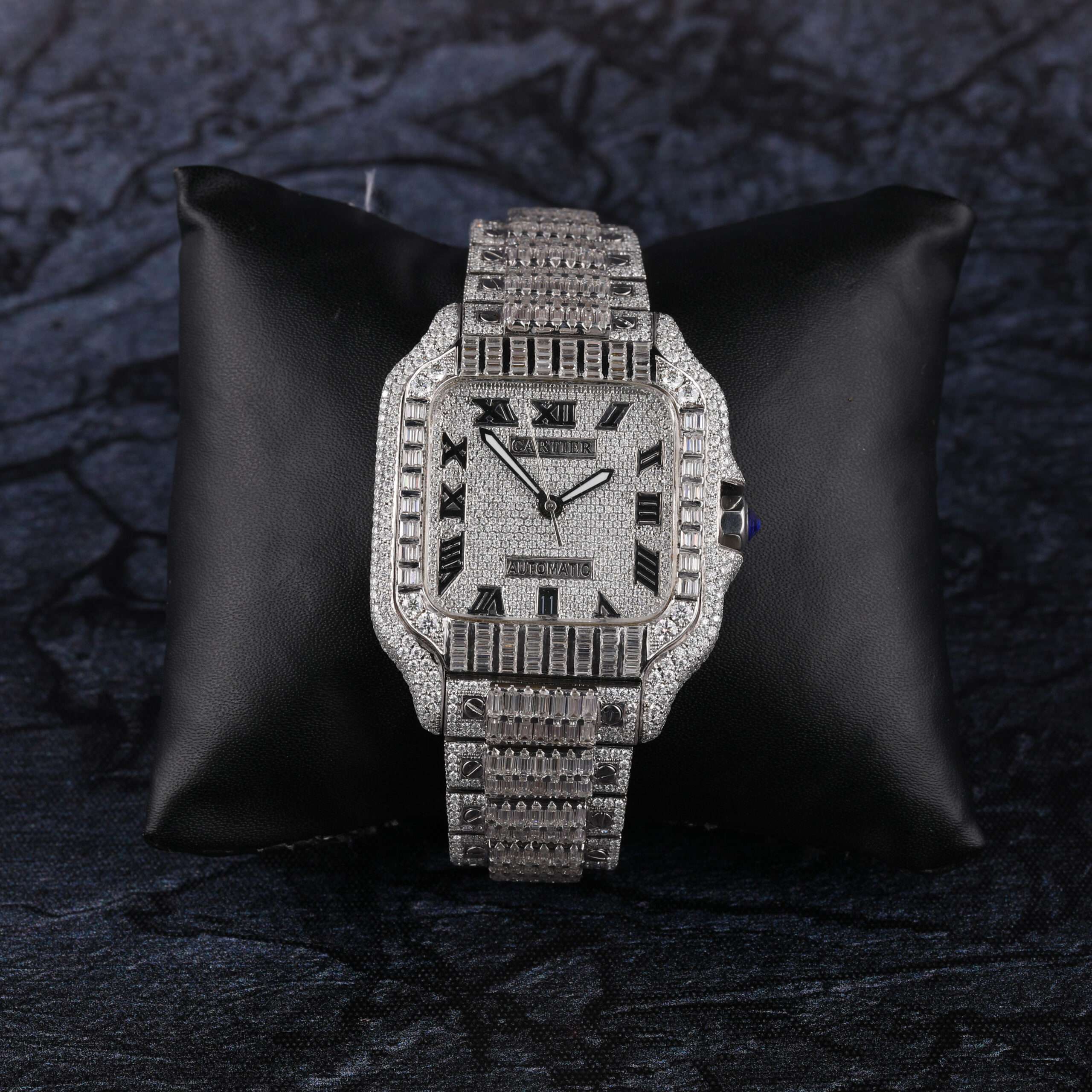 1B6A4600 Cartier Santos Round & Baguette Moissanite Iced Out Diamond Men Watch, Stainless Steel White Gold Plated Men Watch For Birthday Gift