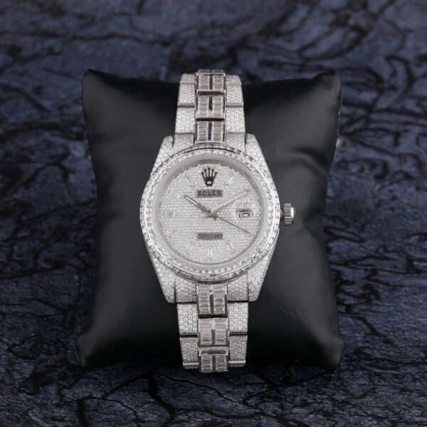 Rolex Day-Just Baguette & Round Moissanite Diamond Men Watch, 42mm Dial White Gold Plated Stainless Steel Men Watch For Gift, Fully Iced Out Birthday Gift Watch For Him