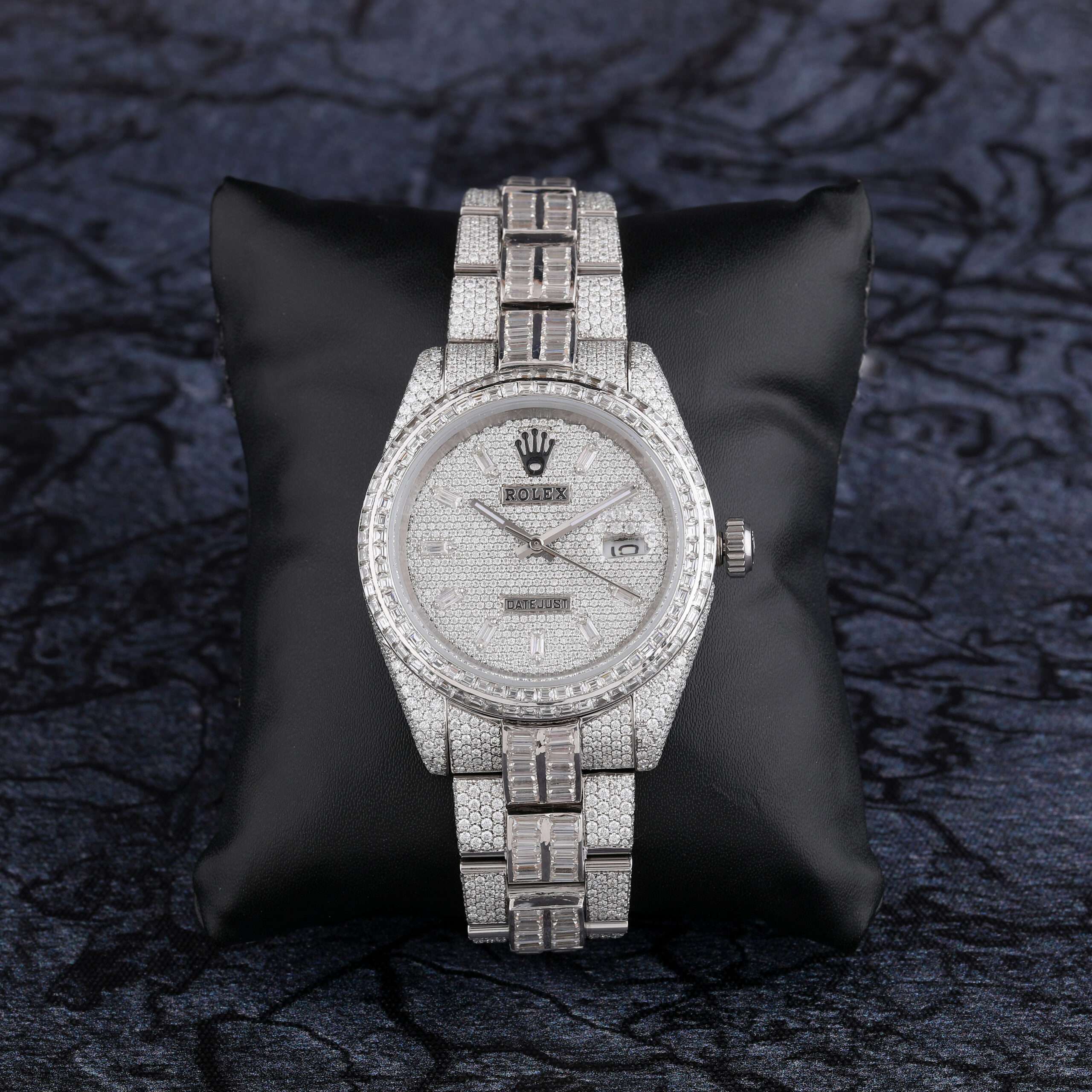 1B6A5253 Rolex Day-Just Baguette & Round Moissanite Diamond Men Watch, 42mm Dial White Gold Plated Stainless Steel Men Watch For Gift, Fully Iced Out Birthday Gift Watch For Him