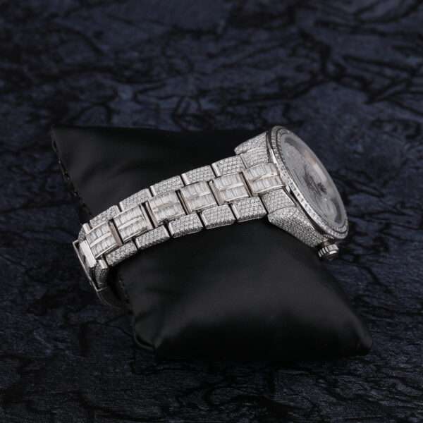 Rolex Day-Just Baguette & Round Moissanite Diamond Men Watch, 42mm Dial White Gold Plated Stainless Steel Men Watch For Gift, Fully Iced Out Birthday Gift Watch For Him