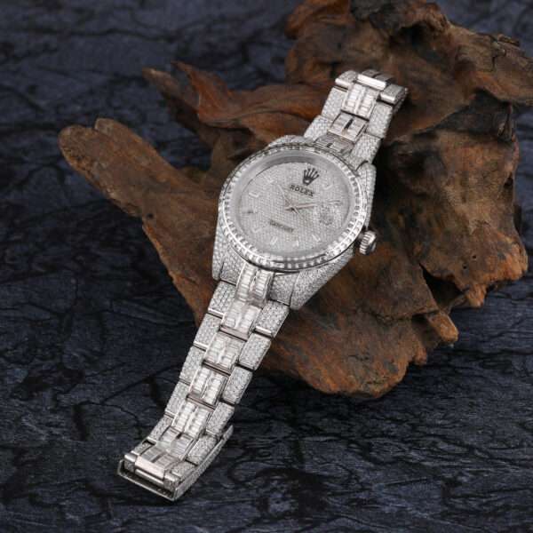 Rolex Day-Just Baguette & Round Moissanite Diamond Men Watch, 42mm Dial White Gold Plated Stainless Steel Men Watch For Gift, Fully Iced Out Birthday Gift Watch For Him