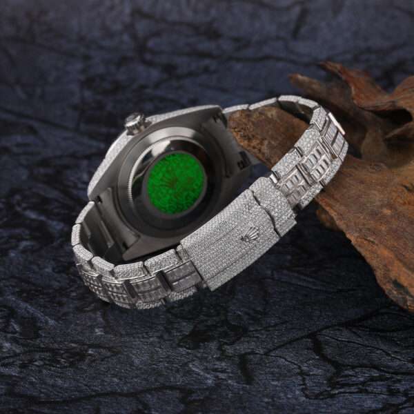 Rolex Day-Just Baguette & Round Moissanite Diamond Men Watch, 42mm Dial White Gold Plated Stainless Steel Men Watch For Gift, Fully Iced Out Birthday Gift Watch For Him