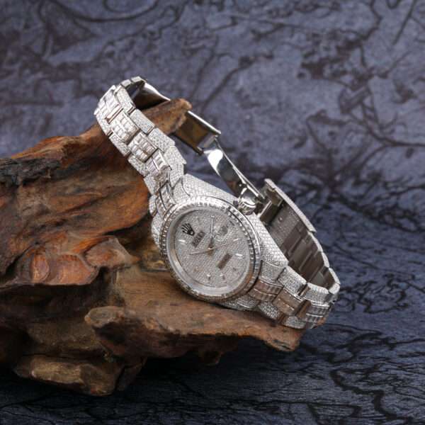 Rolex Day-Just Baguette & Round Moissanite Diamond Men Watch, 42mm Dial White Gold Plated Stainless Steel Men Watch For Gift, Fully Iced Out Birthday Gift Watch For Him