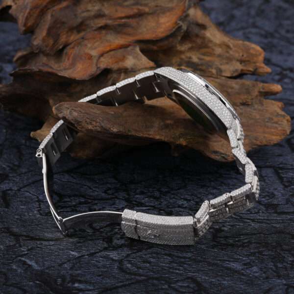 Rolex Day-Just Baguette & Round Moissanite Diamond Men Watch, 42mm Dial White Gold Plated Stainless Steel Men Watch For Gift, Fully Iced Out Birthday Gift Watch For Him