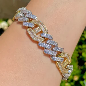 16mm Men's Miami Cuban Baguette Link Chain Bracelet,14k White & Yellow Gold 5X Layered Two tone Bling Bracelet, Moissanite Diamond Bracelet, Iced Out Moissanite Diamond Bracelet