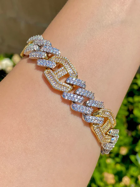 16mm Men's Miami Cuban Baguette Link Chain Bracelet,14k White & Yellow Gold 5X Layered Two tone Bling Bracelet, Moissanite Diamond Bracelet, Iced Out Moissanite Diamond Bracelet