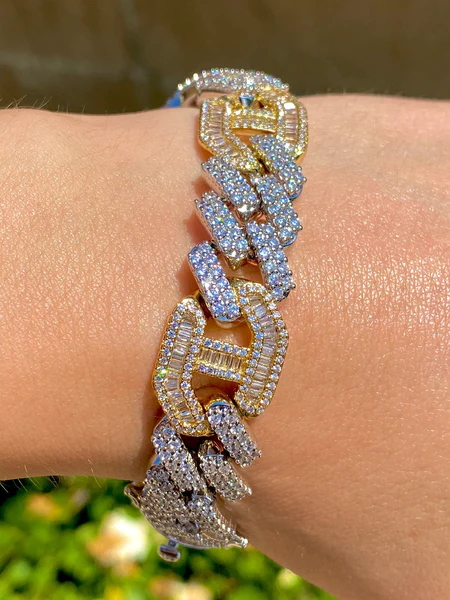 16mm Men's Miami Cuban Baguette Link Chain Bracelet,14k White & Yellow Gold 5X Layered Two tone Bling Bracelet, Moissanite Diamond Bracelet, Iced Out Moissanite Diamond Bracelet