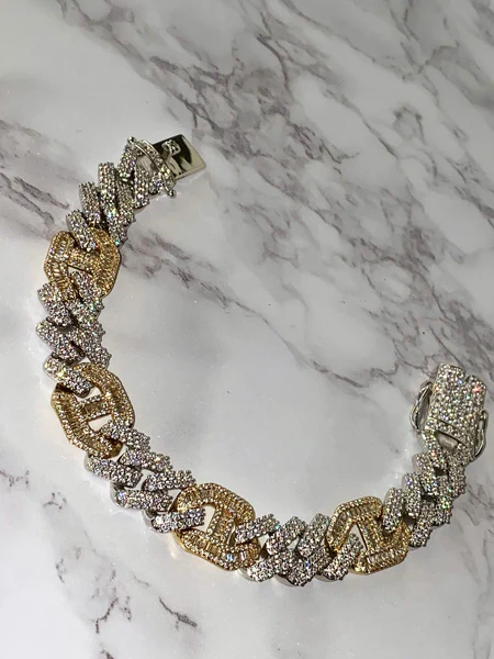 16mm Men's Miami Cuban Baguette Link Chain Bracelet,14k White & Yellow Gold 5X Layered Two tone Bling Bracelet, Moissanite Diamond Bracelet, Iced Out Moissanite Diamond Bracelet