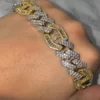 16mm Men's Miami Cuban Baguette Link Chain Bracelet,14k White & Yellow Gold 5X Layered Two tone Bling Bracelet, Moissanite Diamond Bracelet, Iced Out Moissanite Diamond Bracelet