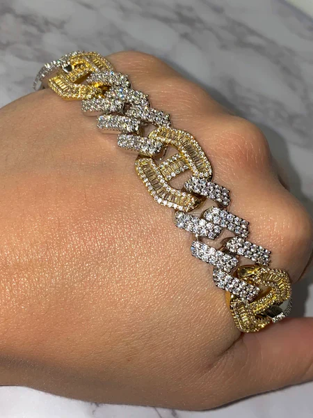 16mm Men's Miami Cuban Baguette Link Chain Bracelet,14k White & Yellow Gold 5X Layered Two tone Bling Bracelet, Moissanite Diamond Bracelet, Iced Out Moissanite Diamond Bracelet