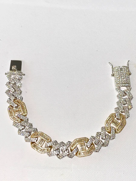 16mm Men's Miami Cuban Baguette Link Chain Bracelet,14k White & Yellow Gold 5X Layered Two tone Bling Bracelet, Moissanite Diamond Bracelet, Iced Out Moissanite Diamond Bracelet