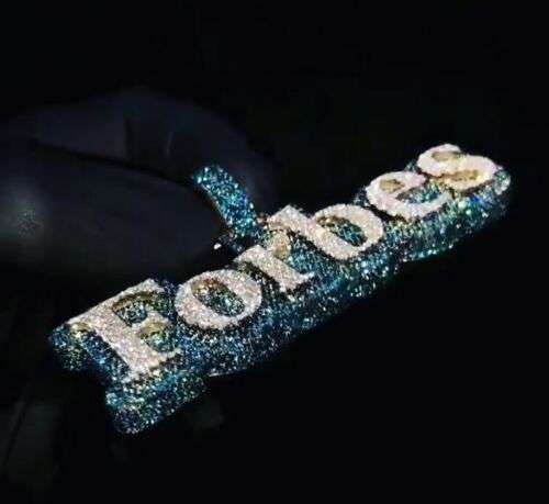 HHPendant1 Round White Moissanite & Blue Sapphire Diamond Iced Out Hip Hop Pendant, Customized Charm Letter 1K Gold Plated Pendant For Birthday Gift