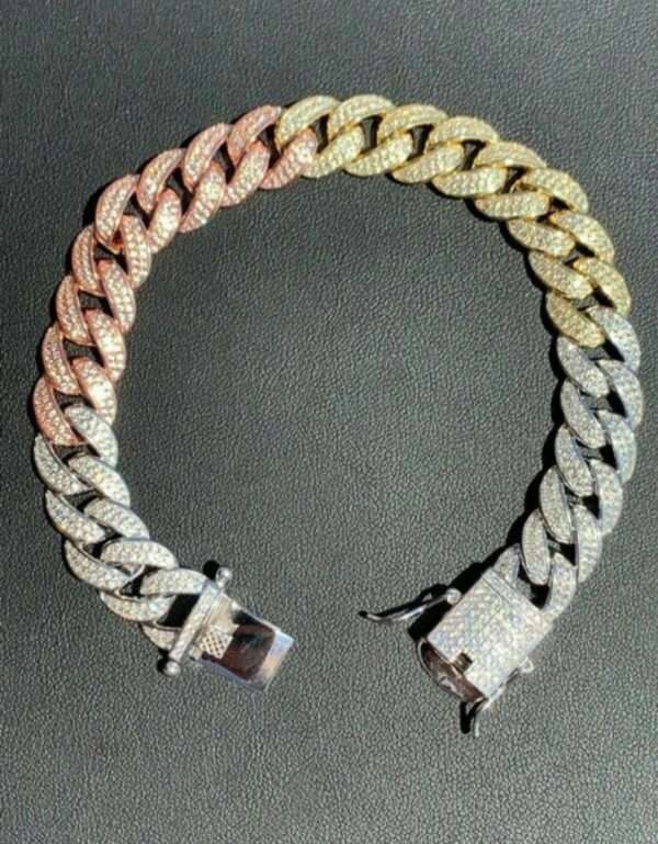 12mm Round Moissanite Diamond Tri Color Gold Plated Miami Cuban Link Bracelet, High Quality Cuban Link Chain Bracelet, Moissanite Diamond Bracelet, Stacking Bracelets, Pave Cuban Chain Bracelet