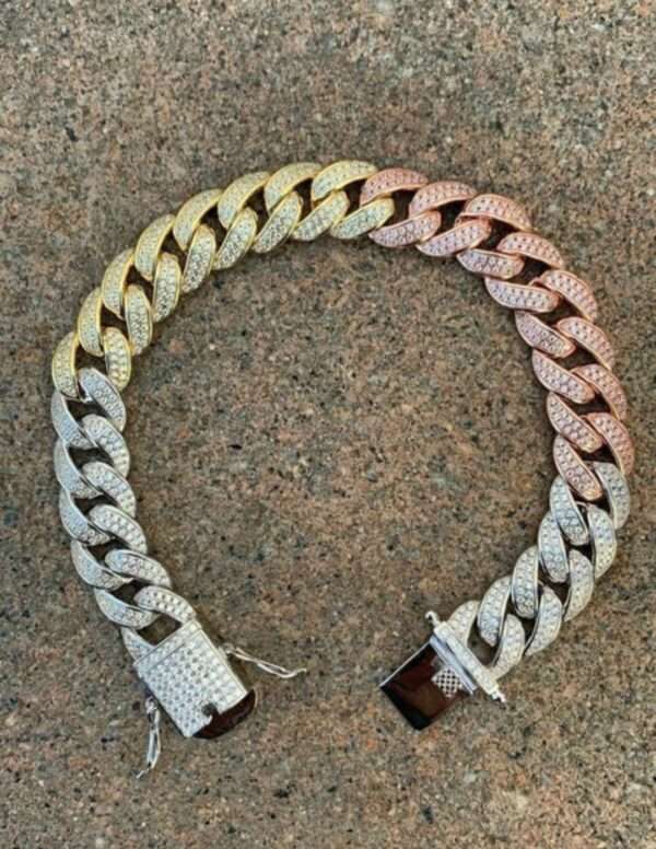 12mm Round Moissanite Diamond Tri Color Gold Plated Miami Cuban Link Bracelet, High Quality Cuban Link Chain Bracelet, Moissanite Diamond Bracelet, Stacking Bracelets, Pave Cuban Chain Bracelet