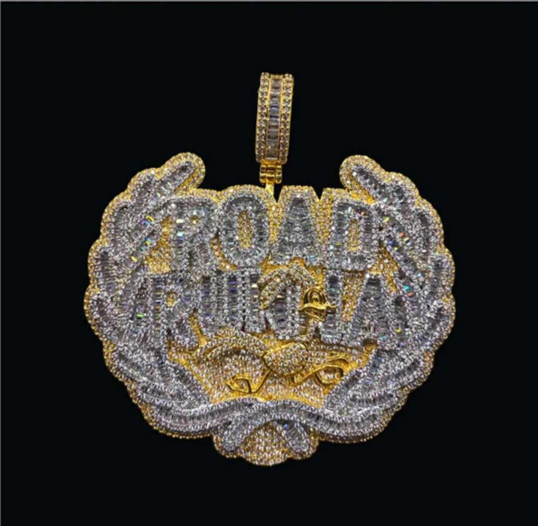 Baguette & Round Moissanite Diamond LIMITED! Road Runna Two Tone Color Badge Pendant, Diamonds Hip Hop Pendent, Icy Letters Necklace, Jewelry Gift
