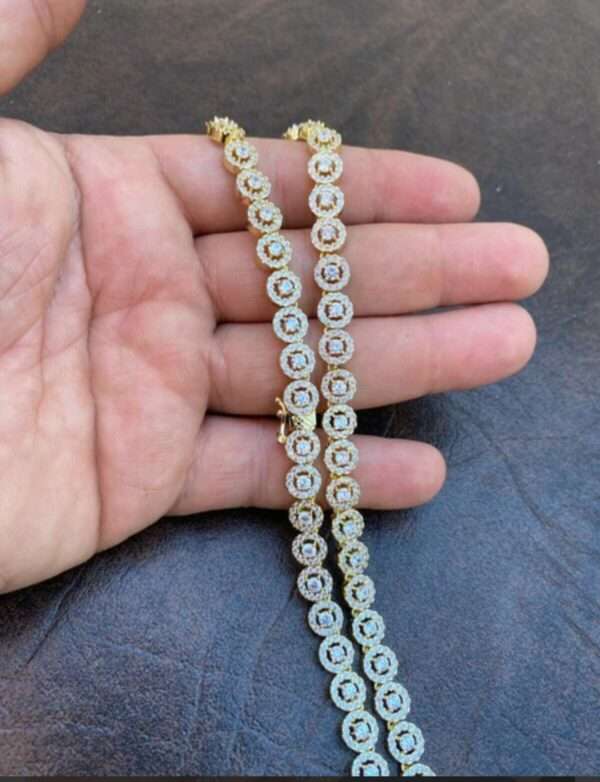 Round Moissanite Diamond 4mm Iced Flooded Out Diamond Tennis Chain, Sterling Silver 14K Gold Plated Hip Hop Cluster Tennis Chain Necklace