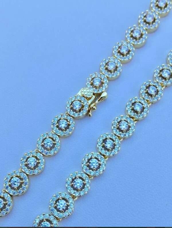 Round Moissanite Diamond 4mm Iced Flooded Out Diamond Tennis Chain, Sterling Silver 14K Gold Plated Hip Hop Cluster Tennis Chain Necklace