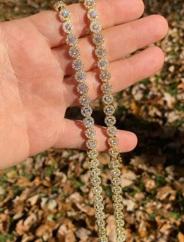 Round Moissanite Diamond 4mm Iced Flooded Out Diamond Tennis Chain, Sterling Silver 14K Gold Plated Hip Hop Cluster Tennis Chain Necklace