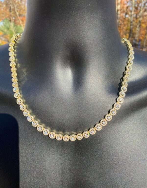 Round Moissanite Diamond 4mm Iced Flooded Out Diamond Tennis Chain, Sterling Silver 14K Gold Plated Hip Hop Cluster Tennis Chain Necklace