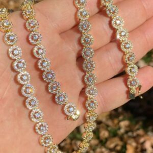 Round Moissanite Diamond 4mm Iced Flooded Out Diamond Tennis Chain, Sterling Silver 14K Gold Plated Hip Hop Cluster Tennis Chain Necklace