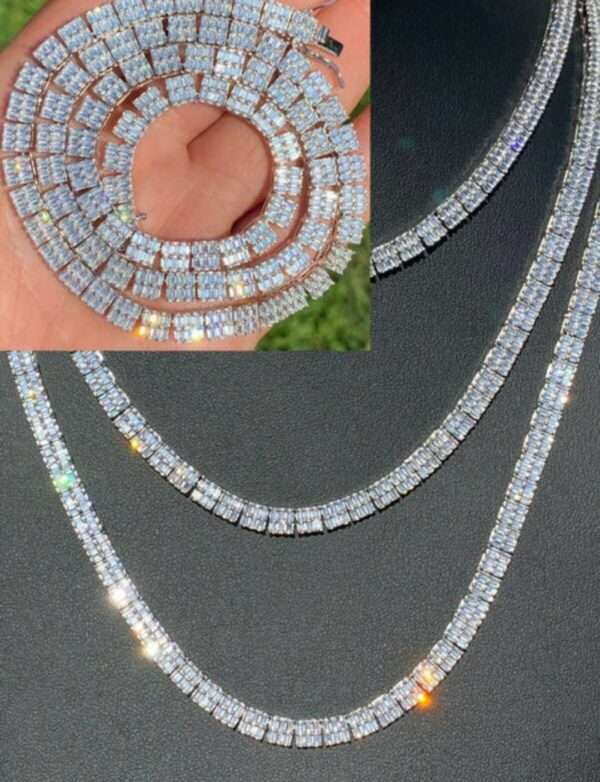 Baguette Moissanite Diamond 5mm Iced Out Diamond Tennis Chain, Sterling Silver 14K Gold Plated Hip Hop Cluster Tennis Chain Necklace