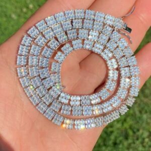 Baguette Moissanite Diamond 5mm Iced Out Diamond Tennis Chain, Sterling Silver 14K Gold Plated Hip Hop Cluster Tennis Chain Necklace