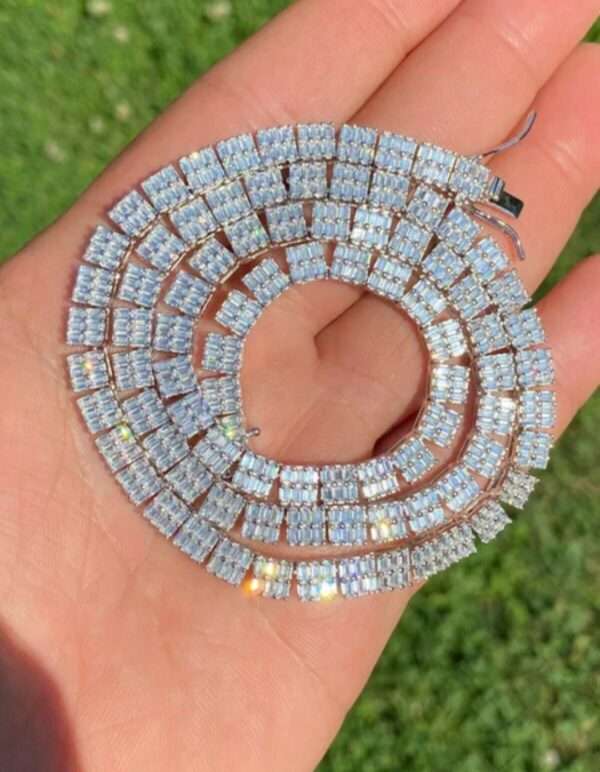 Baguette Moissanite Diamond 5mm Iced Out Diamond Tennis Chain, Sterling Silver 14K Gold Plated Hip Hop Cluster Tennis Chain Necklace