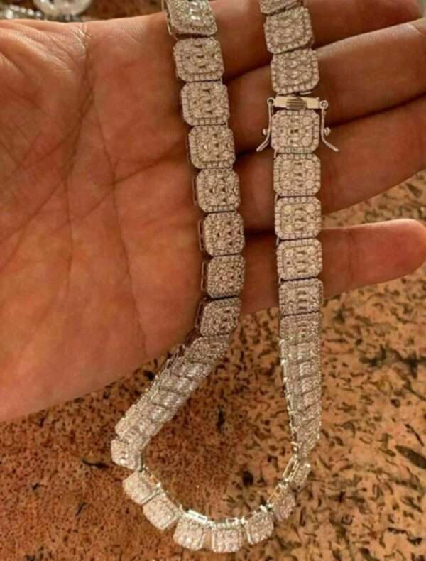 Baguette & Round Moissanite Diamond 11mm Iced Out Diamond Tennis Chain, Sterling Silver 14K Gold Plated Hip Hop Cluster Tennis Chain Necklace