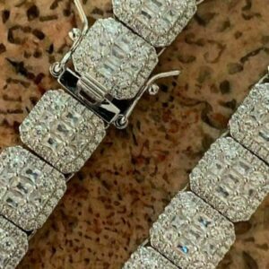 Baguette & Round Moissanite Diamond 11mm Iced Out Diamond Tennis Chain, Sterling Silver 14K Gold Plated Hip Hop Cluster Tennis Chain Necklace