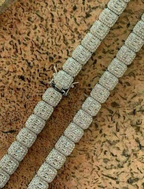Baguette & Round Moissanite Diamond 11mm Iced Out Diamond Tennis Chain, Sterling Silver 14K Gold Plated Hip Hop Cluster Tennis Chain Necklace