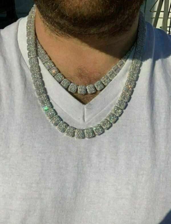 Baguette & Round Moissanite Diamond 11mm Iced Out Diamond Tennis Chain, Sterling Silver 14K Gold Plated Hip Hop Cluster Tennis Chain Necklace