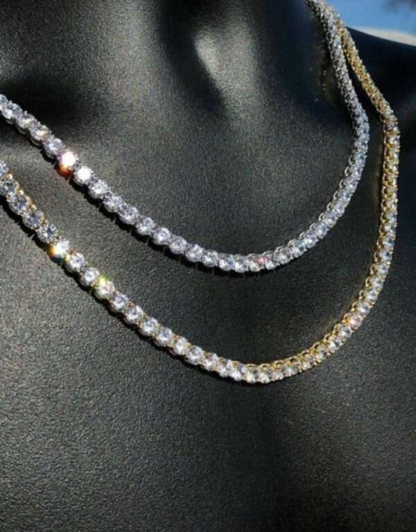 Round Moissanite Diamond 5mm Iced Out Diamond Tennis Chain, Sterling Silver 14K Gold Plated Hip Hop Cluster Tennis Chain Necklace