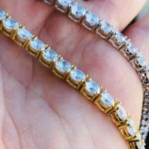 Round Moissanite Diamond 5mm Iced Out Diamond Tennis Chain, Sterling Silver 14K Gold Plated Hip Hop Cluster Tennis Chain Necklace