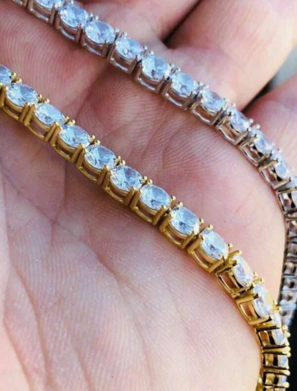 Round Moissanite Diamond 5mm Iced Out Diamond Tennis Chain, Sterling Silver 14K Gold Plated Hip Hop Cluster Tennis Chain Necklace