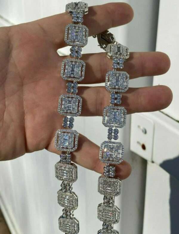 Baguette & Round Moissanite Diamond 11mm Iced Out Diamond Tennis Chain, Sterling Silver 14K Rose Gold Plated Hip Hop Cluster Tennis Chain Necklace